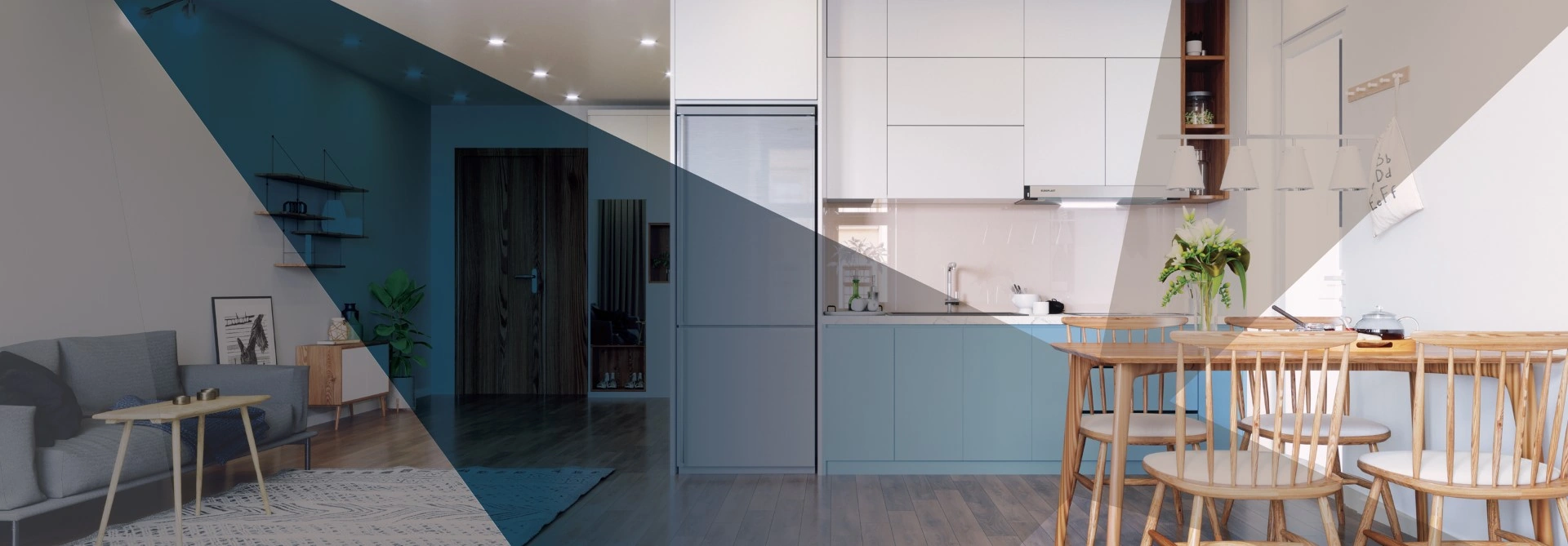 Illustration of a modern ADU interior with an open kitchen, dining area, and living space