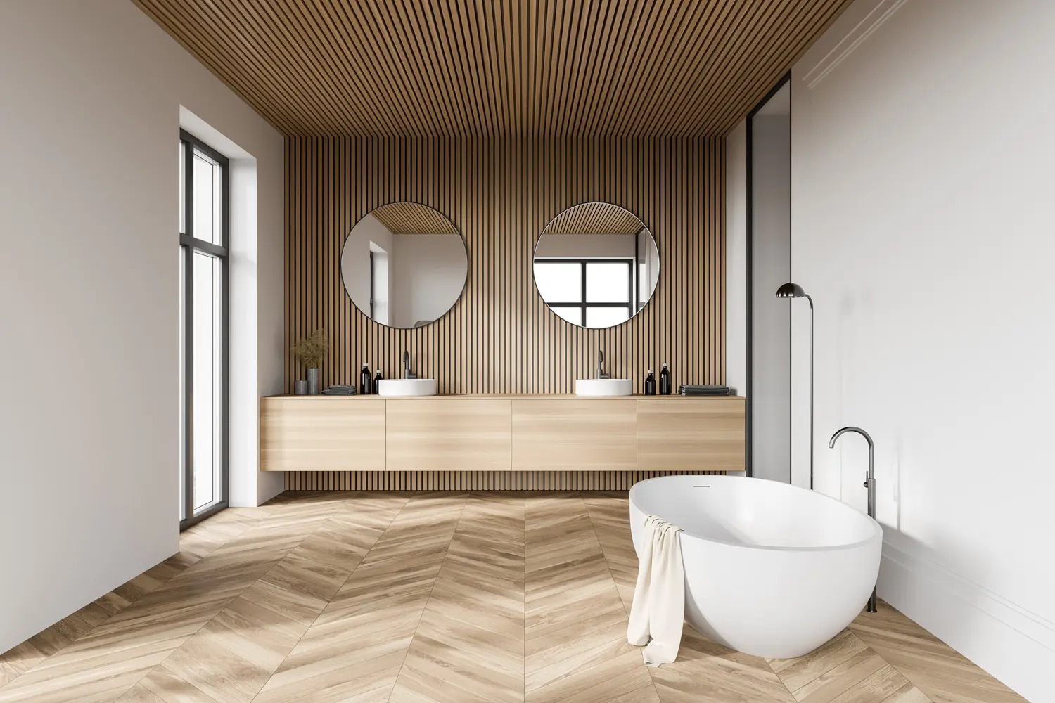 Bathroom remodel in Los Angeles with a freestanding tub and wood slat accent wall