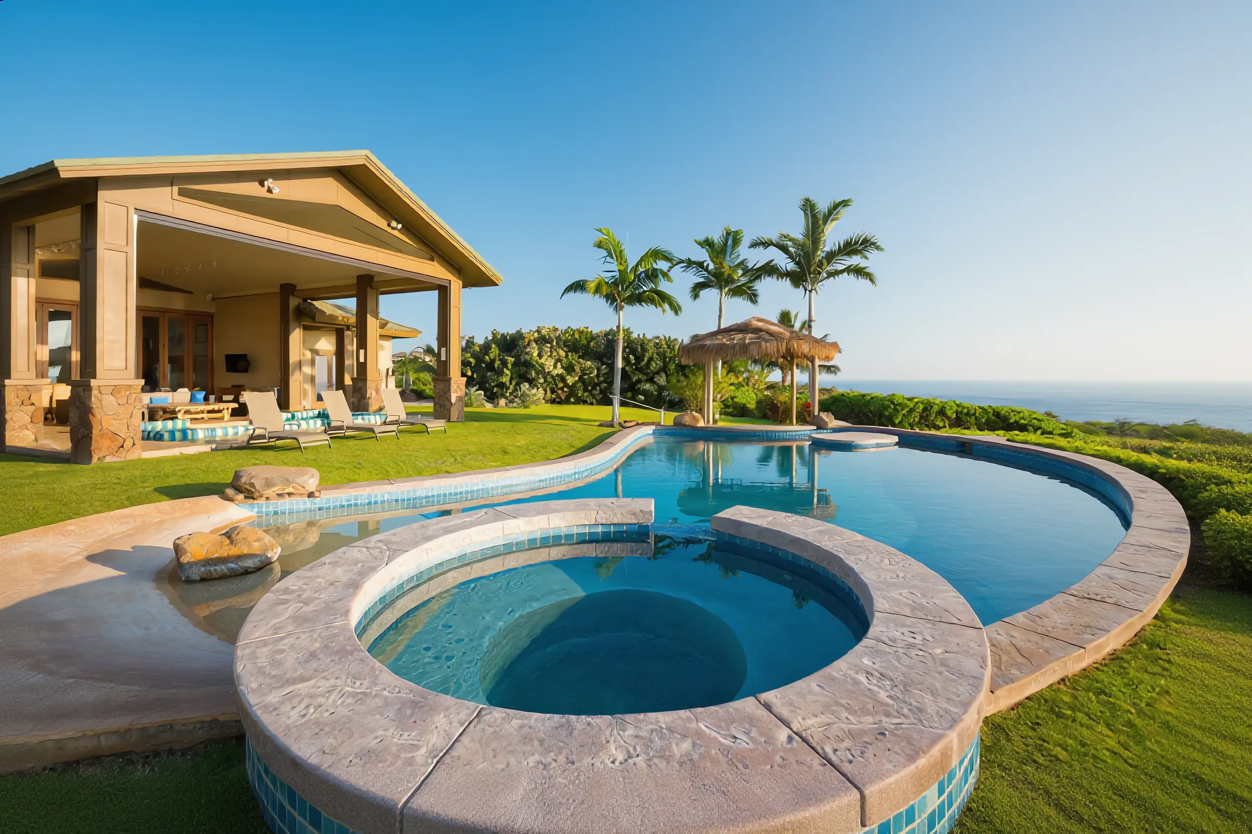 Custom freeform pool with raised spa, stone coping, and blue glass tile