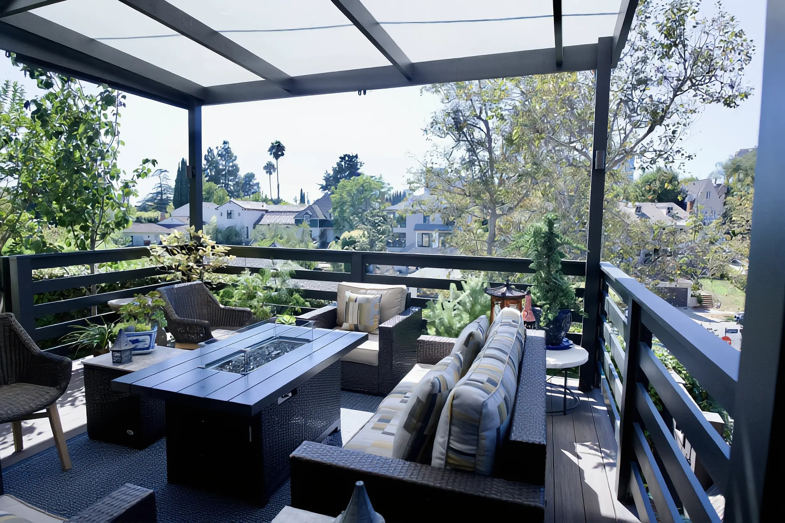 Deck remodel with built-in seating and custom lighting in Los Angeles