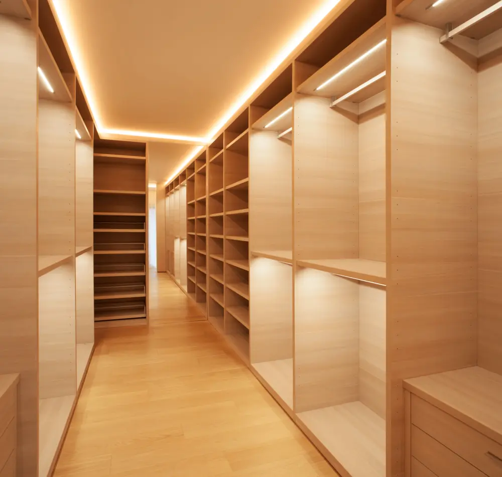 Custom walk-in closet with built-in shelving in a Los Angeles full home renovation