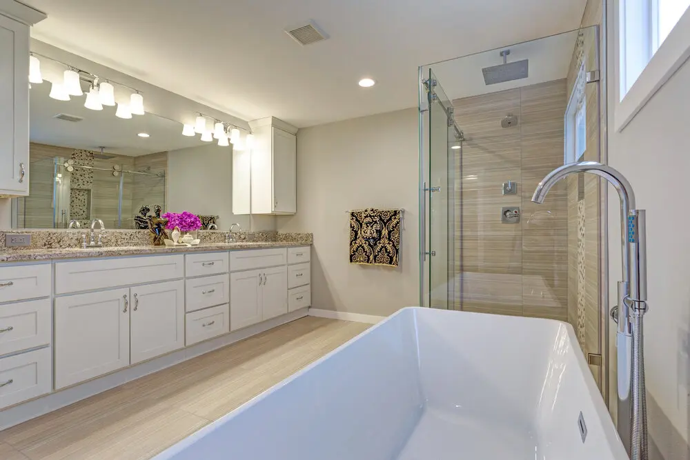 Primary bathroom with a freestanding soaking tub in a Los Angeles full home renovation