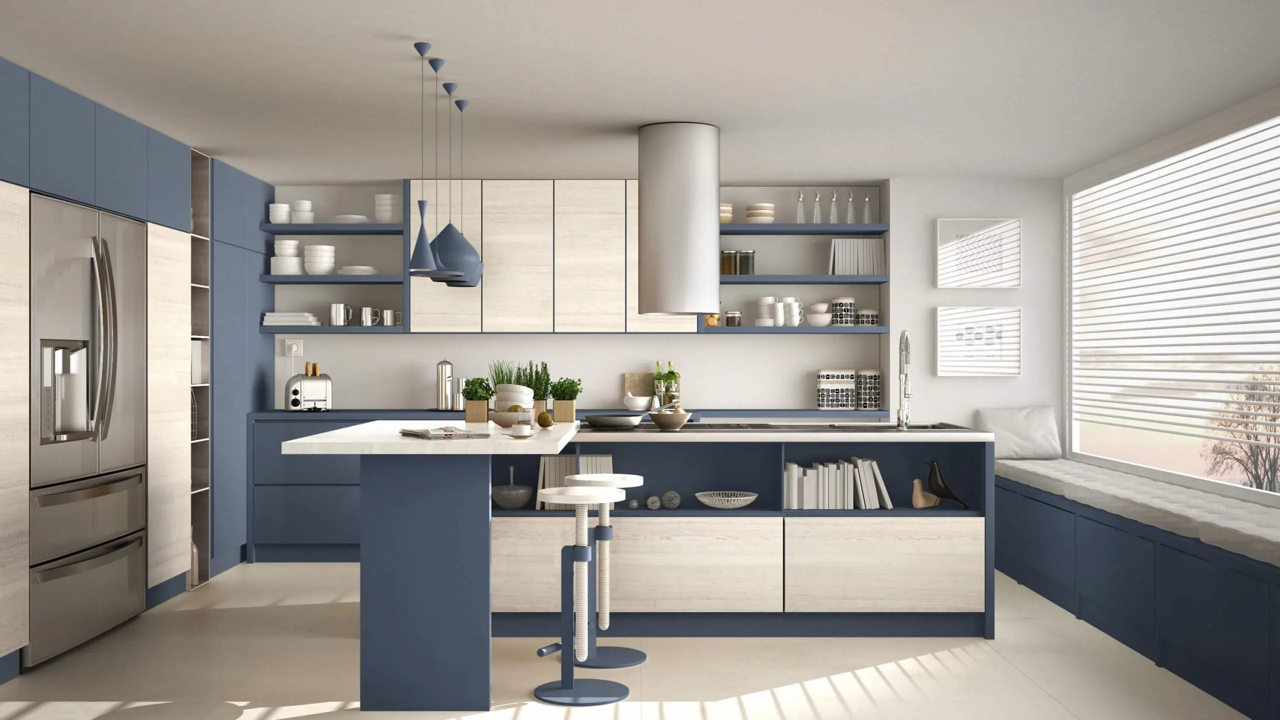 Kitchen remodel in Los Angeles with blue cabinetry and open shelving