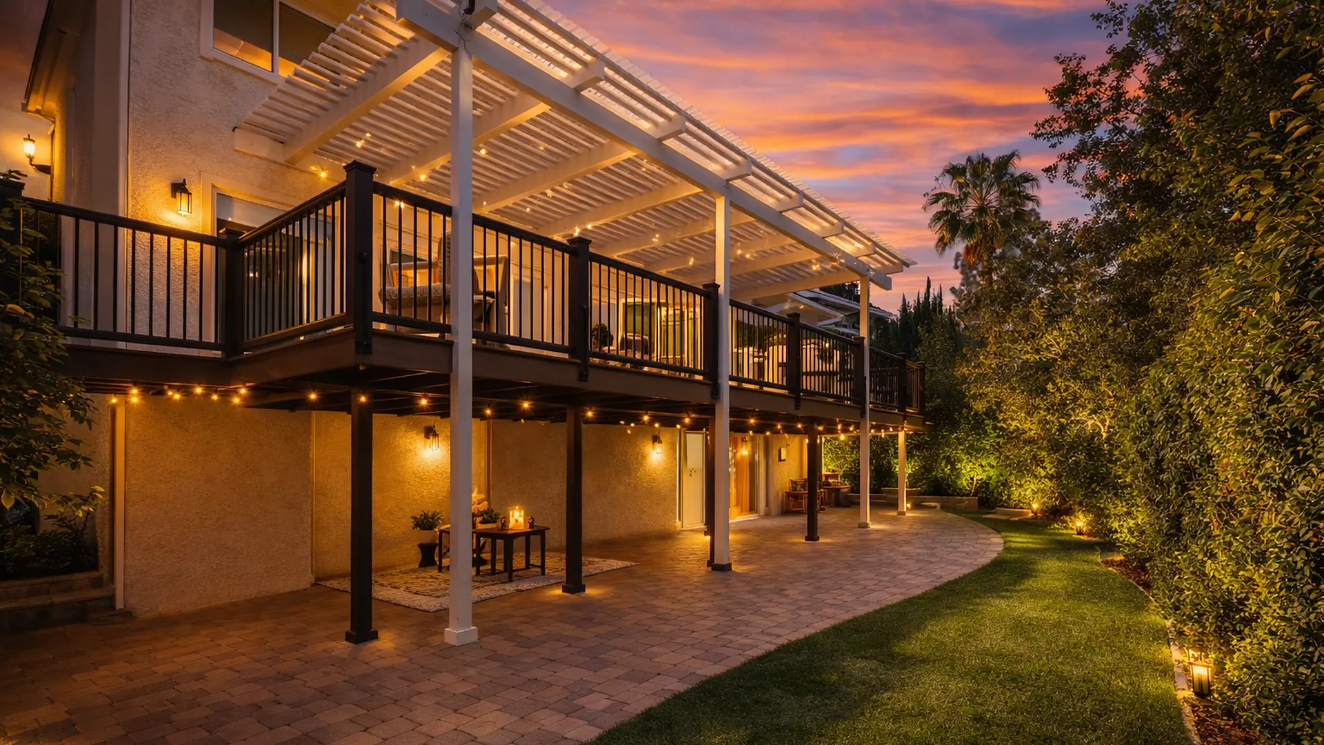 Luxury two-story outdoor living space at dusk with a dark-railed elevated deck, white pergola, string lights, a paver patio below and a landscaped lawn under a glowing sunset sky