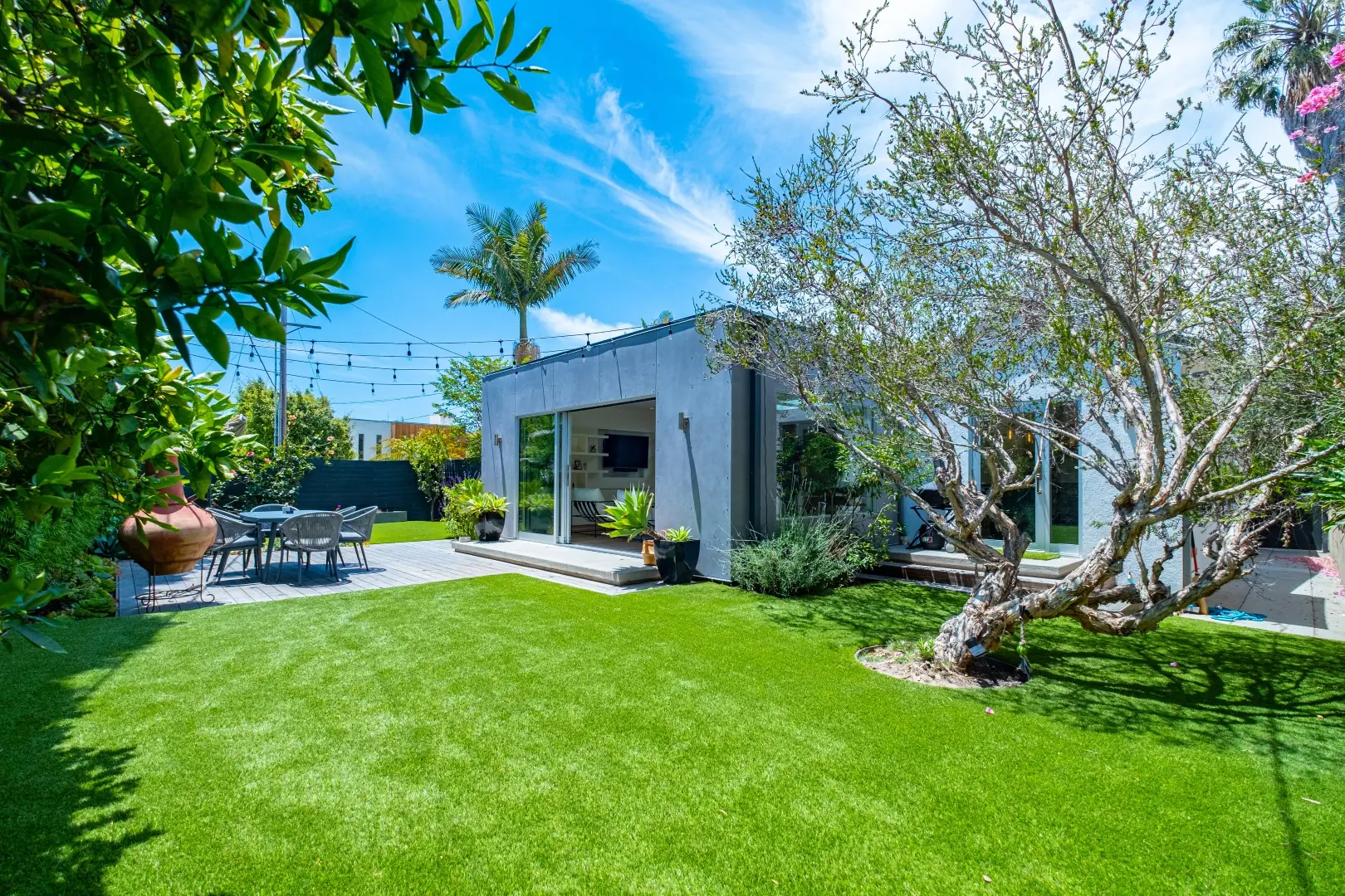 Backyard ADU in Santa Monica with sliding glass doors, an olive tree, and an artificial turf lawn