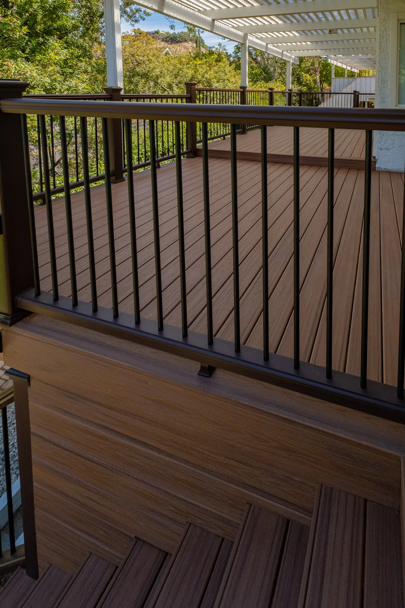Close-up of composite deck boards, stair treads and railing trim in Beverly Glen, Los Angeles