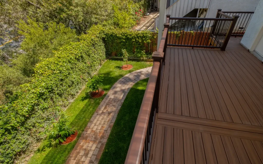 Hillside composite deck with garden steps in Beverly Glen