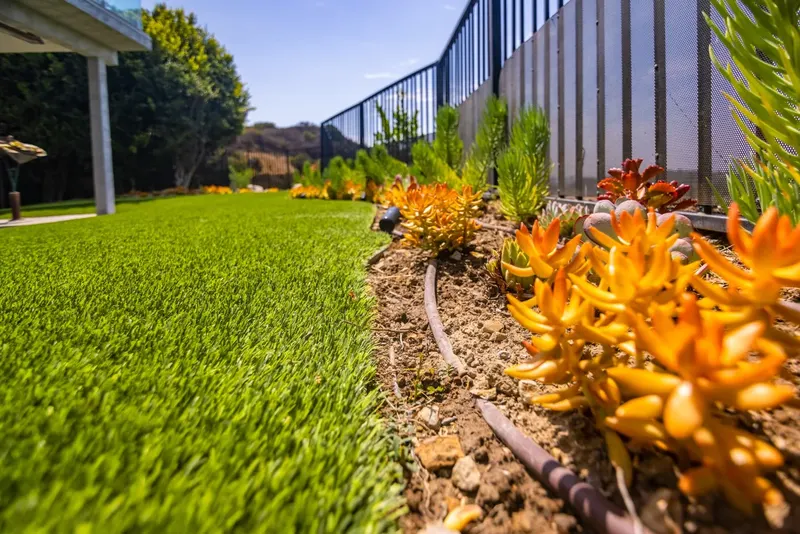Drought-tolerant succulent bed with drip irrigation beside an artificial turf lawn and a metal fence on a Los Angeles hillside