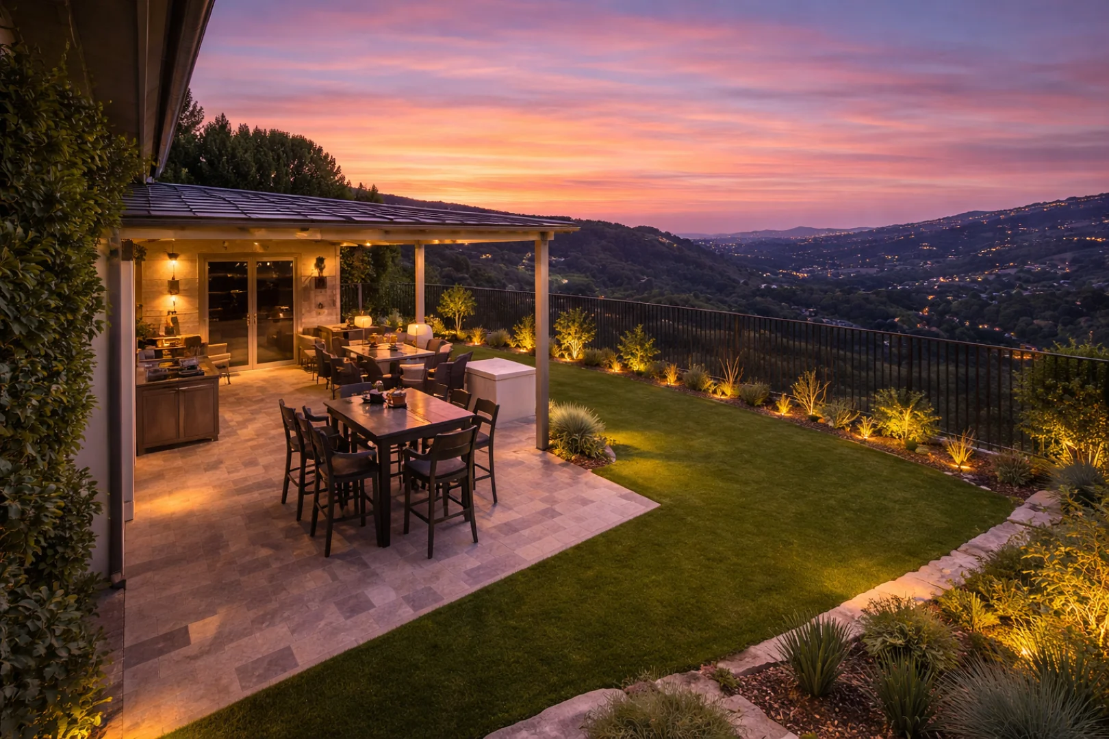 Hillside backyard at dusk with uplit plantings along a metal fence, an artificial turf lawn, and a covered stone patio with outdoor dining overlooking a valley