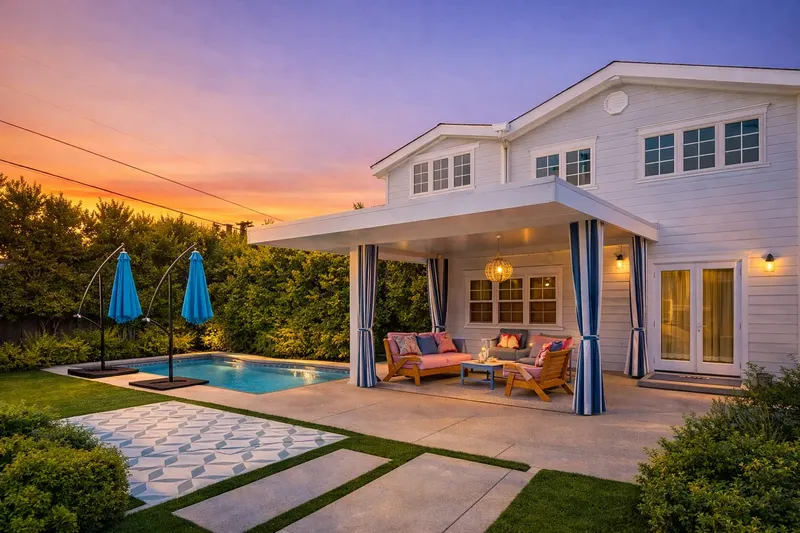 Attached solid roof patio cover with striped outdoor curtains and a pendant light over a lounge area, beside a small backyard pool at dusk