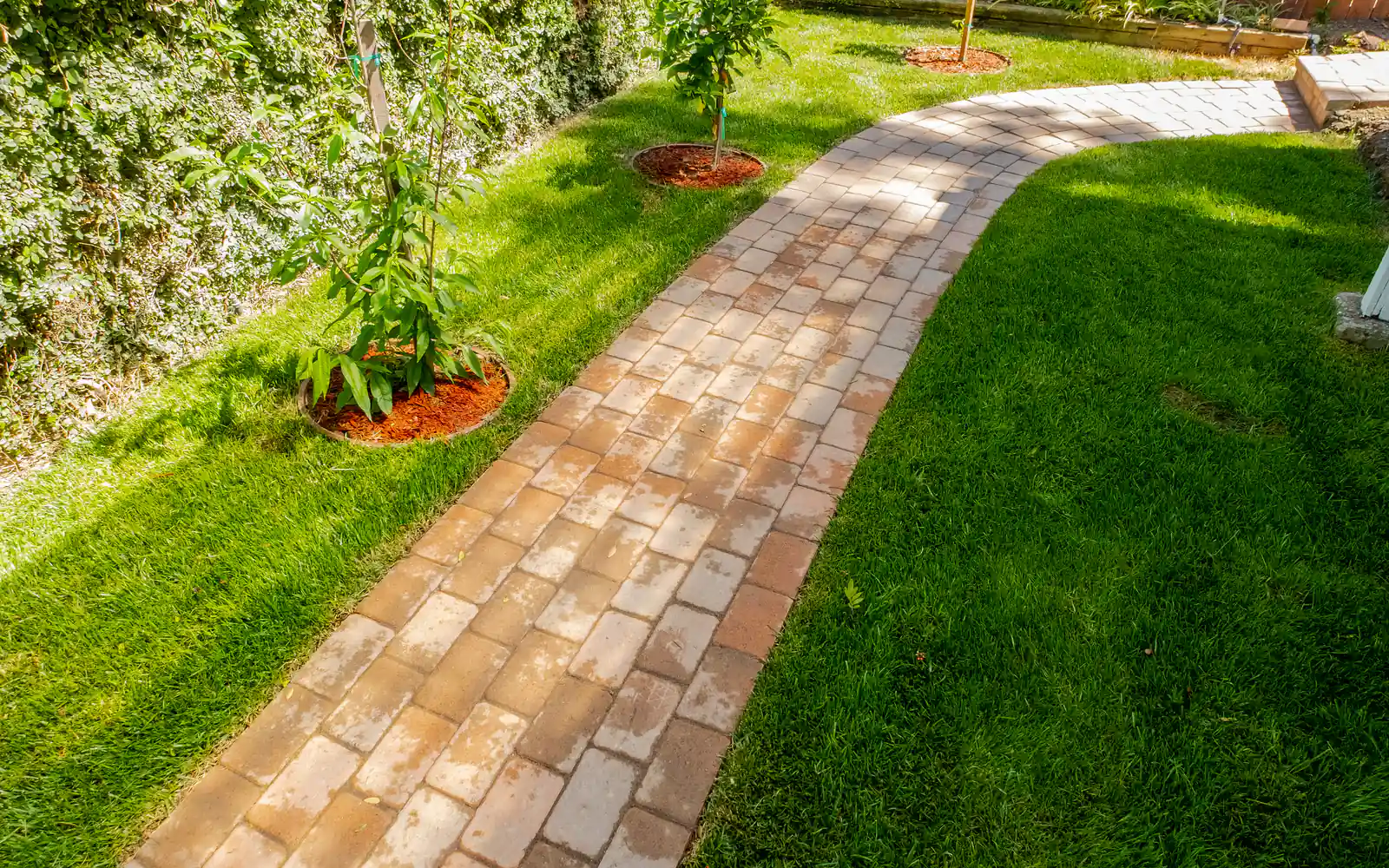 Paver garden path between lawn and planting beds in Beverly Glen