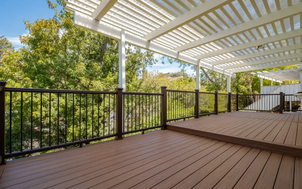 White pergola over a composite deck in Beverly Glen
