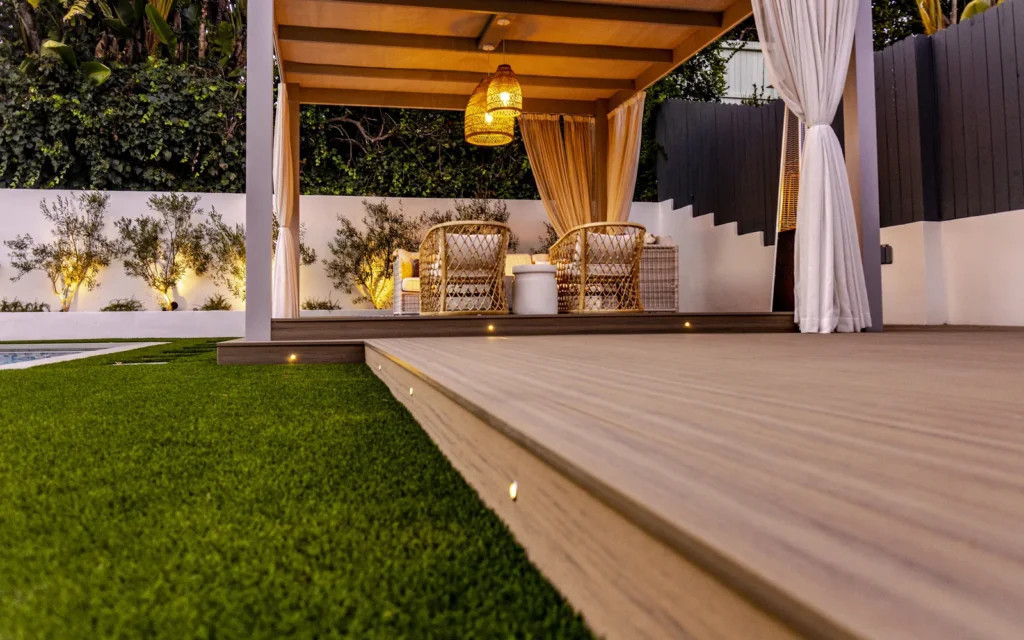 Cedar pergola over a lounge deck in Cheviot Hills